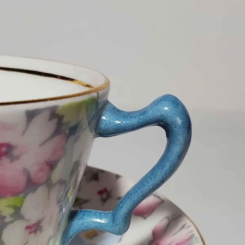 Crown Staffordshire Teacup and Saucer Pink Blue Flowers